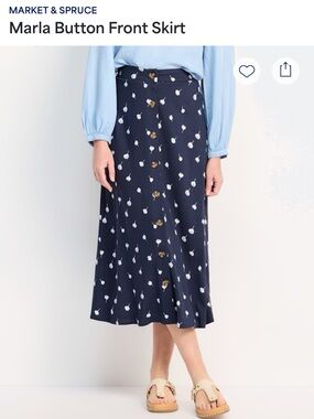 Market & Spruce Navy Blue Midi Skirt with White Floral Print and Button Front